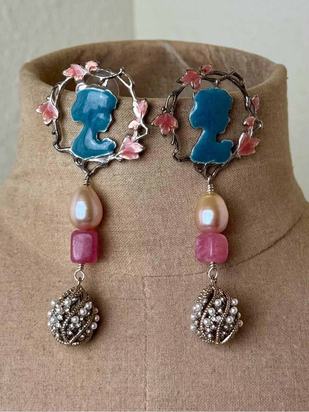 Upcycled Cameo Style Statement Pierced Earrings
